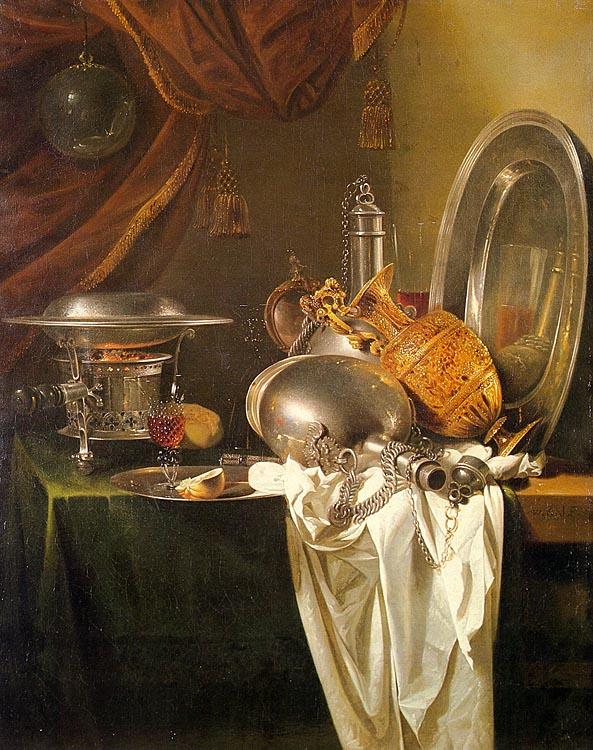 Willem Kalf Still Life with Chafing Dish, Pewter, Gold, Silver and Glassware